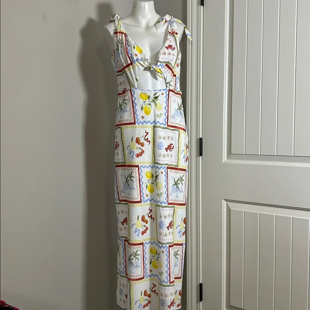 Abercrombie and Fitch Tie Front Scarf Midi Dress Italy Coastal Fruit Sz L NEW - Picture 5 of 13